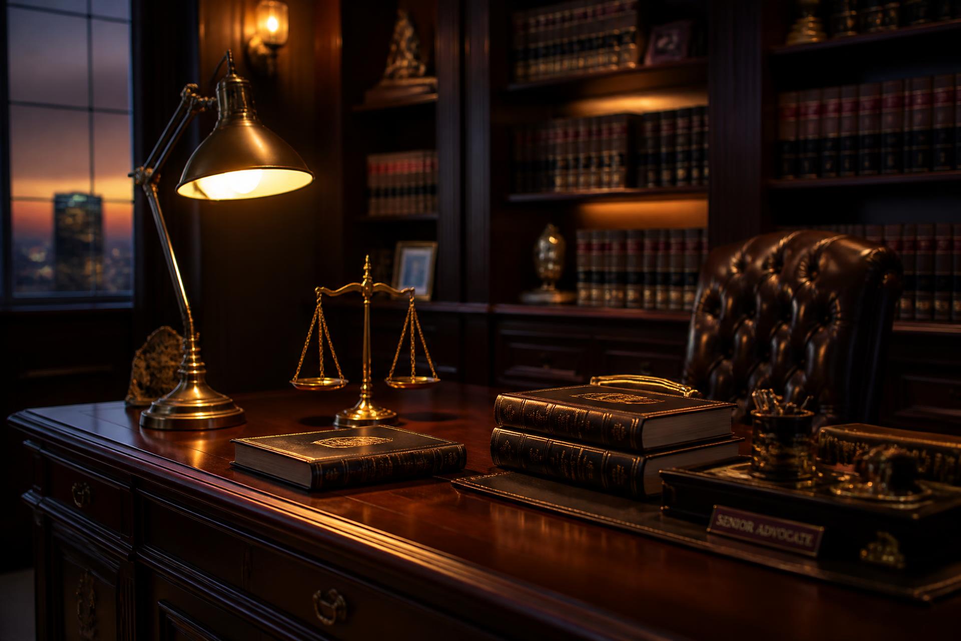 Senior advocate's law chamber with walnut bookshelves, brass scales of justice and a warm desk lamp
